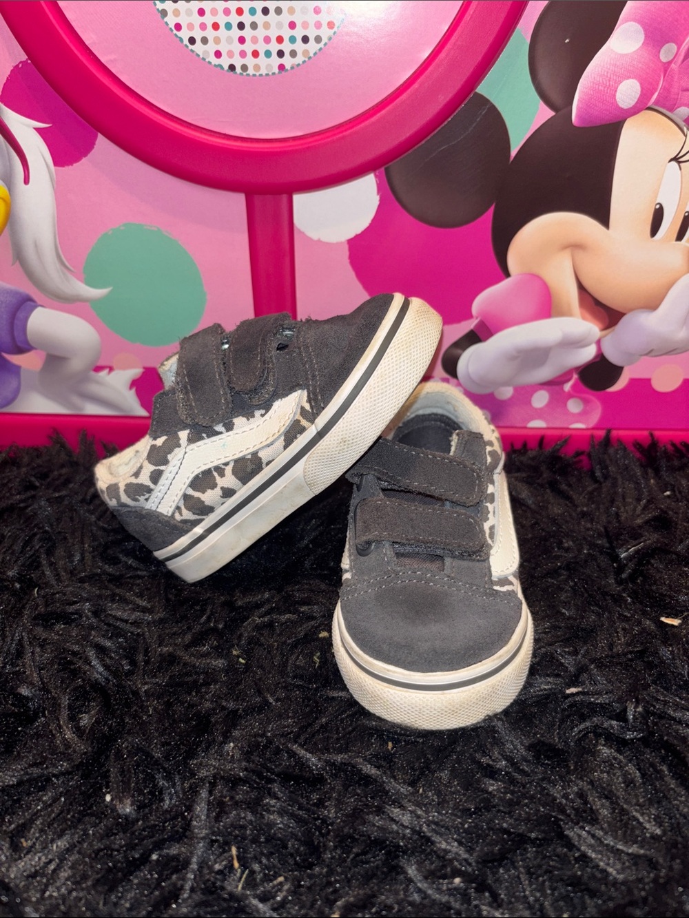 Vans Kids Black & White Leopard Print Velcro Sneakers